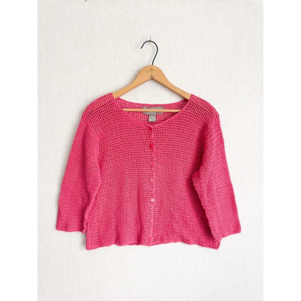 Norton McNaughton Cardigan Crochet Open Knit PXL Pink 3/4 Sleeve Button Front
